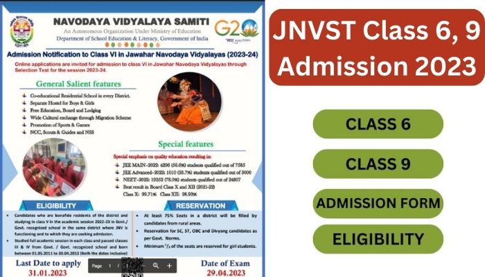 JNVST Class 6, 9 Admission 2023