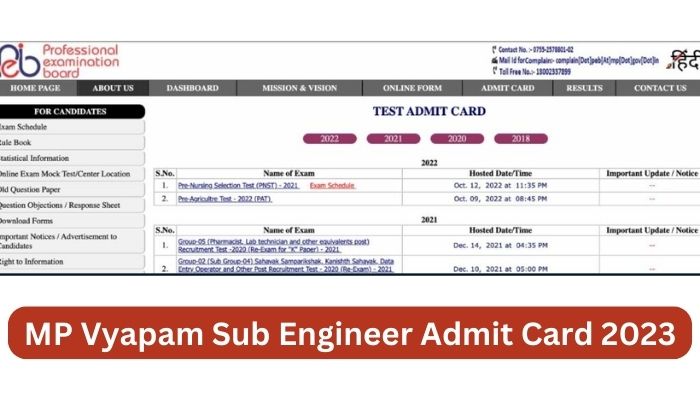 MP Vyapam Sub Engineer Admit Card 2023